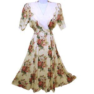Vintage 80s Expo USA Floral Prairie Dress Lace Collar M(10) Puffed Shoulder Pads
